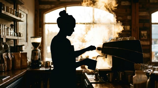 Silhouette of a barista preparing coffee with steam rising from an espresso machine in a cafe