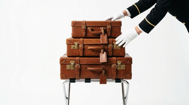 Hotel porter in white gloves stacks vintage leather luggage on a trolley freelancer