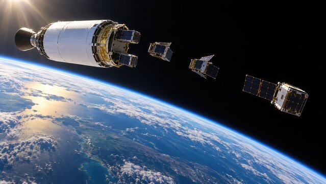 Small Satellites Deploying From Rocket Upper Stage Above Earth