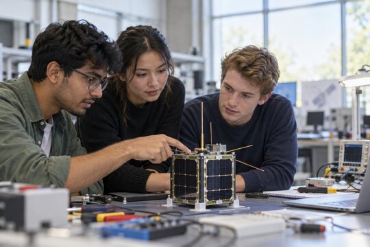 University Students Examining Cube Satellite Prototype in Engineering Lab