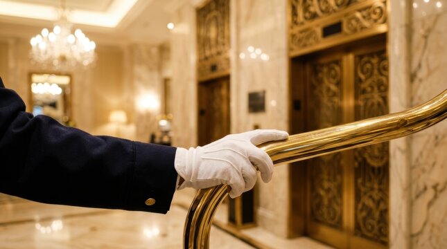 Hotel concierge in white gloves holding a brass railing in a luxurious lobby with ornate elevators