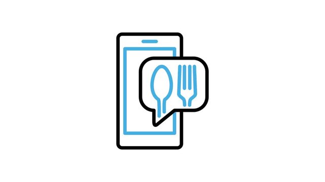 Animated online delivery food via phone icon. Mobile phone or smartphone with speech bubble, fork and spoon animation video loops for order food, catering. Motion graphics with alpha channel