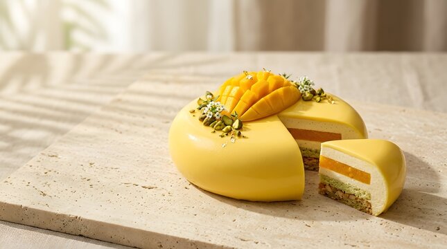 A sliced mango mousse cake with pistachio garnish rests on a textured stone surface