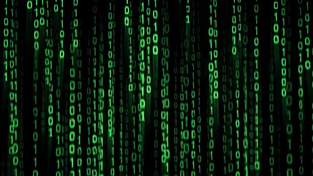 Green digital matrix code stream futuristic data background with binary code rain, abstract cyber data background, glowing zeros and ones, dark technology pattern, computer network, abstract