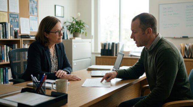Student Meeting Academic Advisor in Office