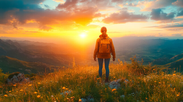 Inspirational female hiker enjoying freedom and success on mountain peak sunset background
