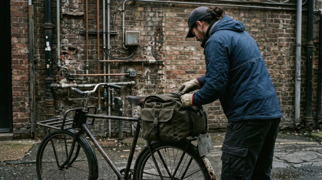 Man in dark jacket and cap fastens bag on rear rack of vintage bicycle against brick wall