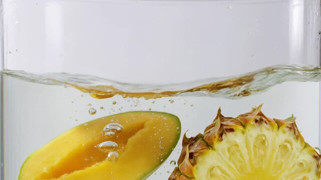 Slow motion mango and pineapple slices splashing into clear water