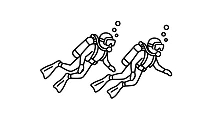 Fototapeta premium Two divers swimming underwater with bubbles in a simple line art style