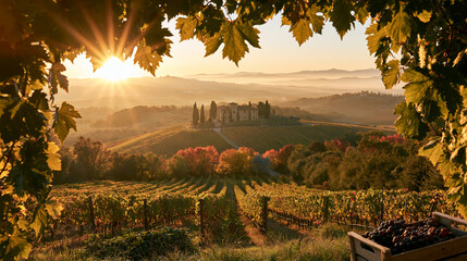 Fototapeta premium a picturesque vineyard at sunset. The sun casts a warm, golden hue over the landscape, illuminating the vineyard with its intricate details. The vineyard is bordered by rows of grapevines.