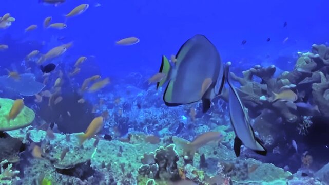 Large Reef Fish Glide above Coral Formations. A subdued underwater view with cool blue tones shows fish moving with visible reef structure, documenting marine habitat and biodiversity.