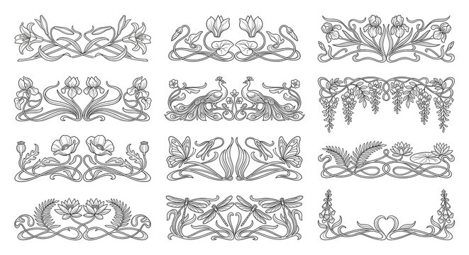 Set of art nouveau floral dividers and decorative borders with