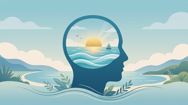 Concept illustration of mental health with human head silhouette containing ocean sunrise sailboat and waves for inner peace