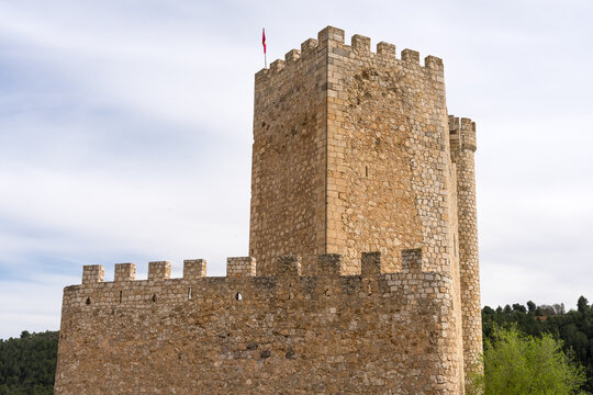 View of the beautiful village of Alcala del Jucar, Albacete, Castilla La Mancha, Spain, with the castle in the background.