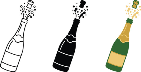 Champagne bottle popping cork and fizz line, silhouette, and colorful flat design icon © MdRaju