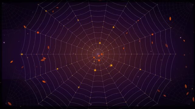 Halloween spiderweb animation with pulsing central cobweb glowing with warm orange ember lights, corner webs, floating autumn leaves, and sparkling magical dust on dark purple horror background