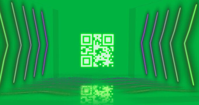 Animation of flickering green QR code with neon arrows.
