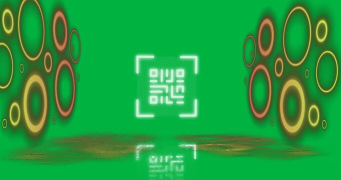 Animation of flickering white QR code with neon circles.
