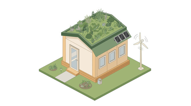 Sustainable living house with green roof and wind turbine garden  