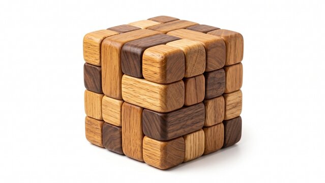 Wooden mechanical puzzle cube built from interlocking natural timber blocks isolated on white background