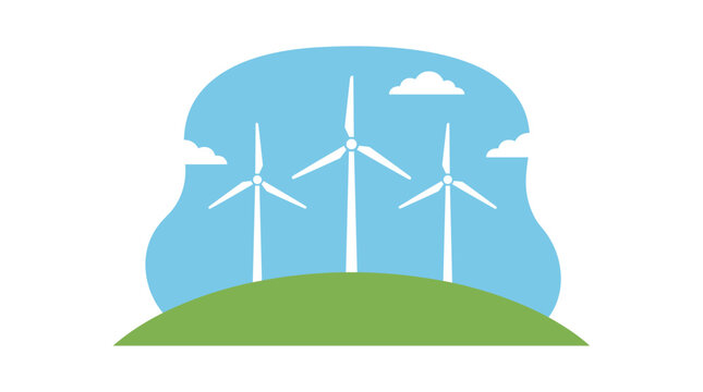 Wind turbines on a green hill under a blue sky representing Sustainable living  