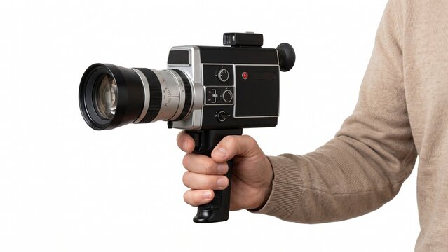 Person holding vintage Super 8 millimeter movie camera with large lens in hand isolated on white background