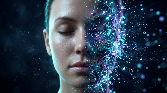 Digital transformation concept with face dissolving into digital
