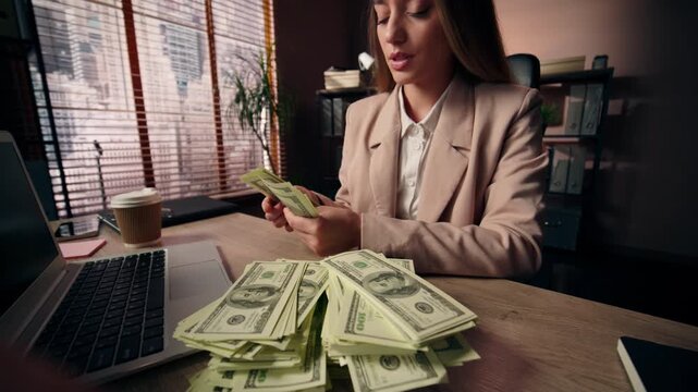 Caucasian business woman female counting money at office successful businesswoman girl professional expert agent financial analyst count cash banknotes at agency table economy profit salary accounting