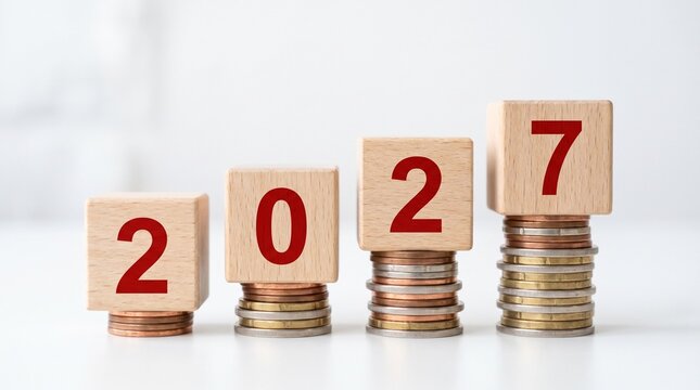 Wooden blocks with numbers spelling 2027 resting on increasing stacks of coins representing financial growth