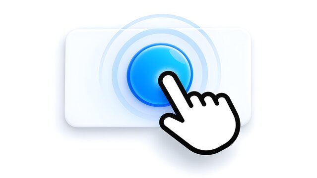 Hand Cursor Clicking Glossy 3D Blue Button With Ripple Waves On White Background Representing Call To Action Interface