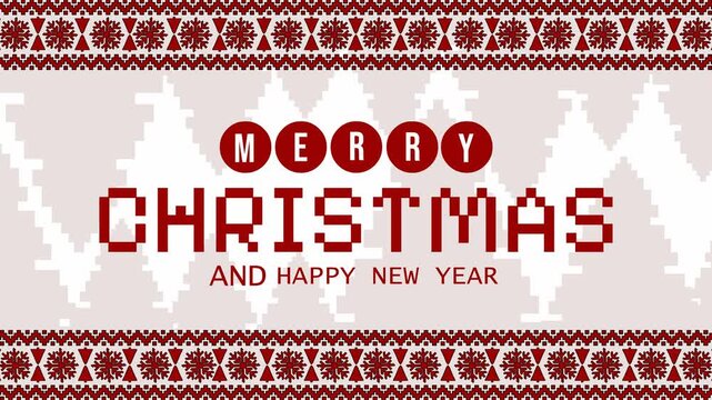 4K looping pixel art ugly sweater Christmas animation with Nordic snowflake borders, pine trees, and Merry Christmas text. Ideal backdrop for holiday video intros, festive promos, and seasonal ads.