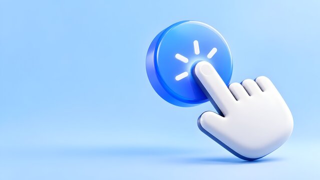 3D White Hand Cursor Clicking Glossy Blue Round Button On Light Blue Background Representing Call To Action And Web Interface
