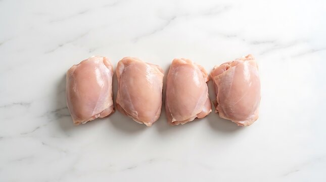 Four raw fresh chicken thighs arranged in a straight line on a clean light marble stone surface top. boneless chicken thigh