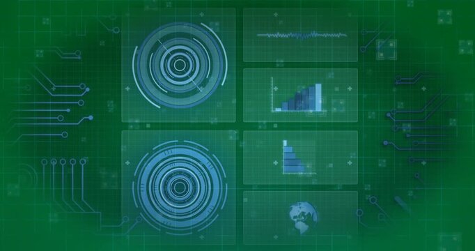 Digital interface with round scanner and microprocessor connections against blue background