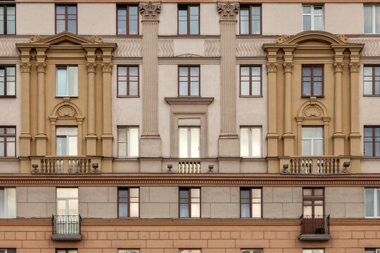 The facade of a building in the Stalinist Empire style in Minsk, Belarus
