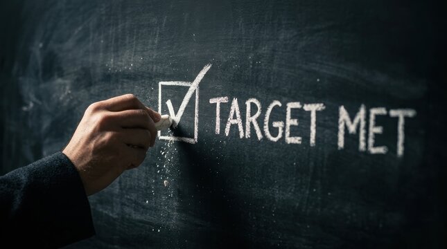 A hand drawing a checked box and the words Target Met on a chalkboard with chalk