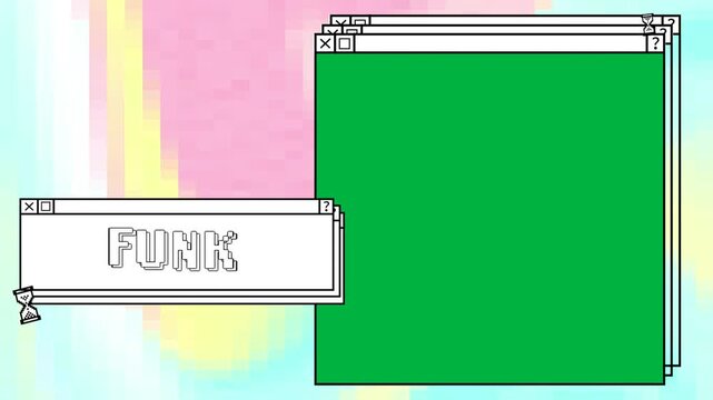 Animation of computer screen windows and funk text on colorful background