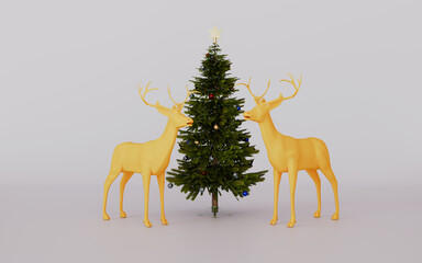 Reindeer and Christmas tree on snow ground 3d illustration © Laty Stocker