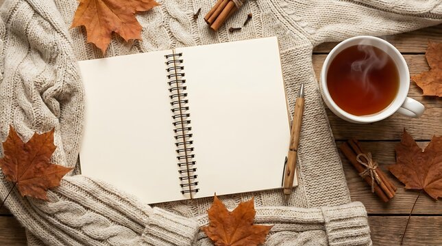 Embrace the warmth a cozy autumn scene with a notebook and hot beverage