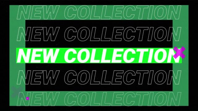 Animation of new collection text in repetition on grey and black background