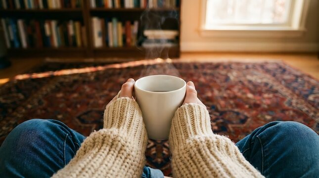 A relaxing autumn afternoon enjoying a warm beverage and cozy comforts at home