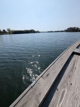 Water surface view of Edogawa river shot from a traditional ferry boat