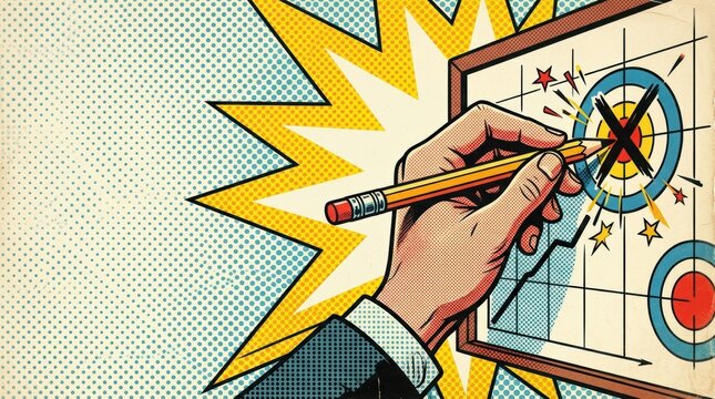 Comic book style hand drawing target and graph with pencil in a retro art pop style