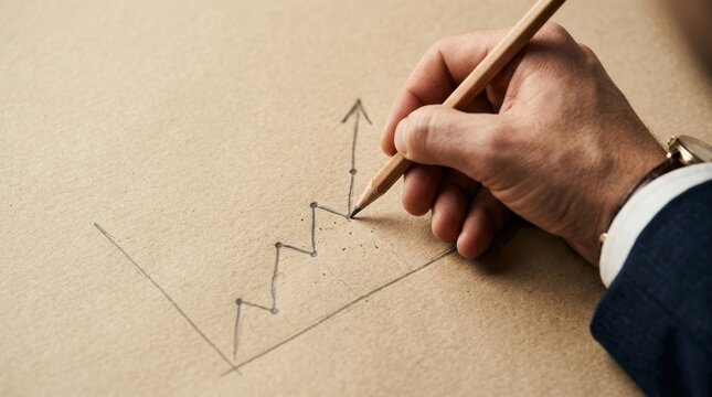 Businessman's hand drawing an upward trending graph with a pencil on a textured surface