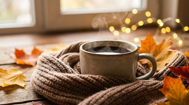 Embrace the warmth a serene autumn scene with a cozy cup and knitted comforts