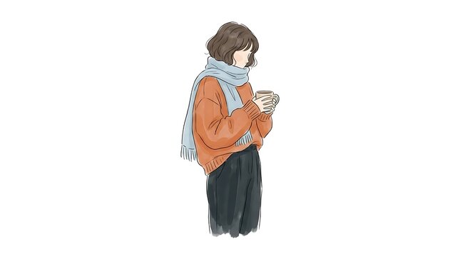 A serene illustration of a woman enjoying a warm beverage in autumn's gentle embrace radiating cozy vibes