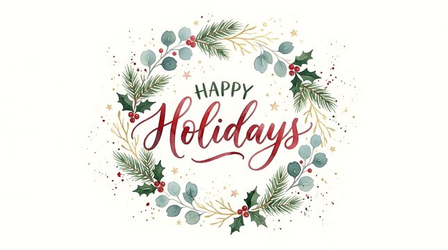 Thanksgiving watercolor holiday illustration featuring a festive botanical wreath with pine branches, eucalyptus leaves, and holly berries surrounding handwritten greeting typography on a cr