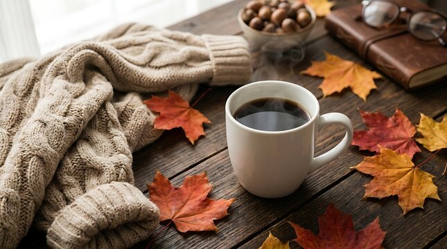 Embracing the warmth of autumn a cozy scene with a hot drink and fall foliage