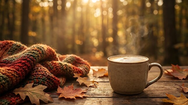 Embracing the warmth of autumn a cozy scene with a hot drink and fall foliage