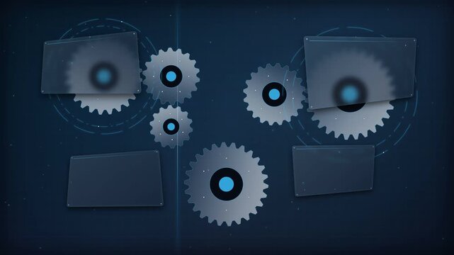 Industrial engineering gears HUD interface animation of rotating metallic mechanical cogs glowing cyan center bearings and four blank glass display panels on dark blue technology background